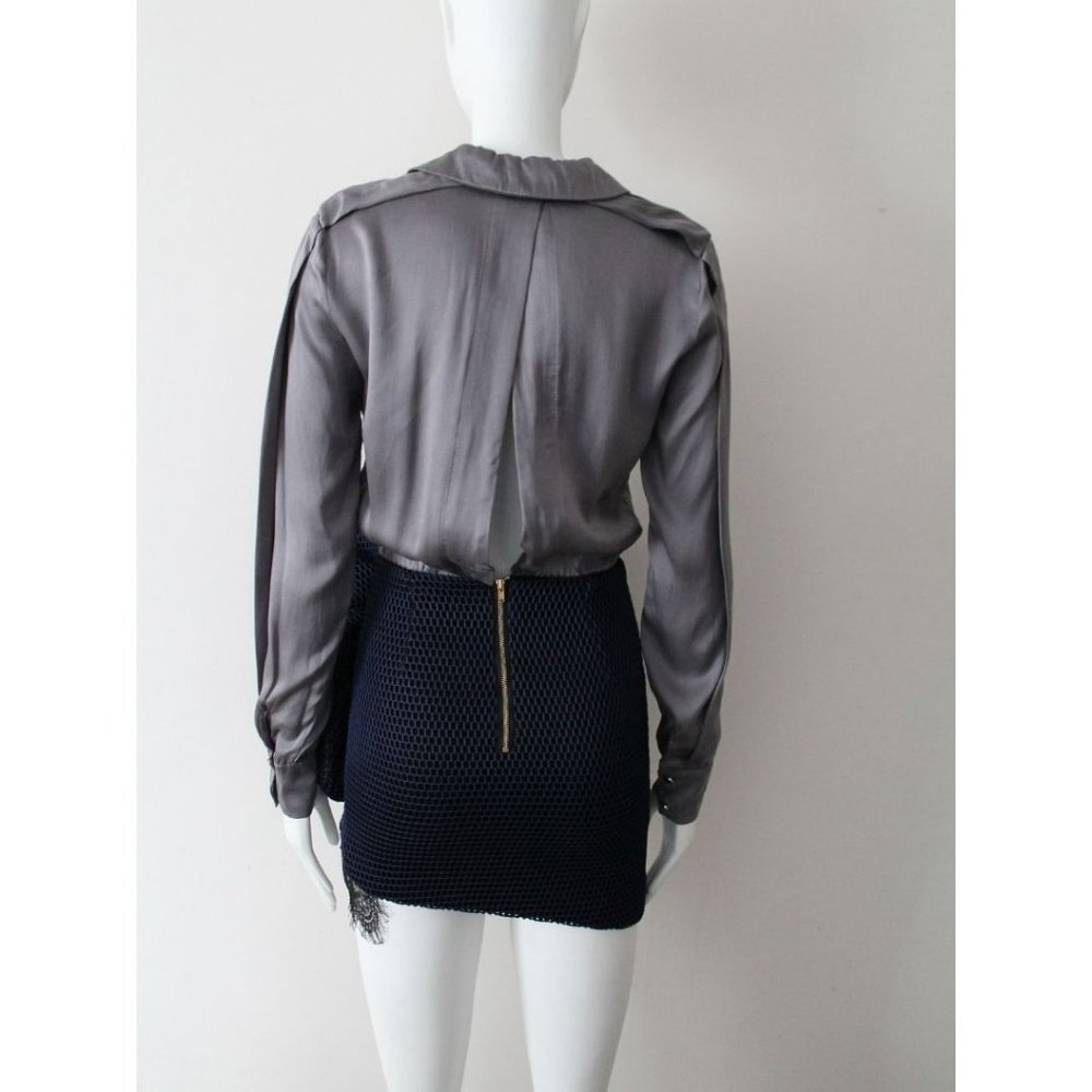 Self Portrait Silk Button Down Shirt Tulle Dress Size 0 Grey Blue Authentic - Picture 5 of 9
